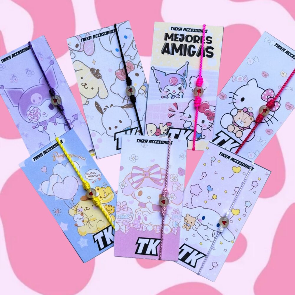 7 pulseras con corazón liminos  de Sanrio (Hello Kitty y amigos)